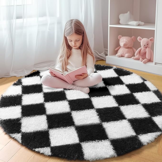 KICMOR Round Rugs 7ft Black and White Circle Area Rug, Fluffy Soft Large Fuzzy by KICMOR