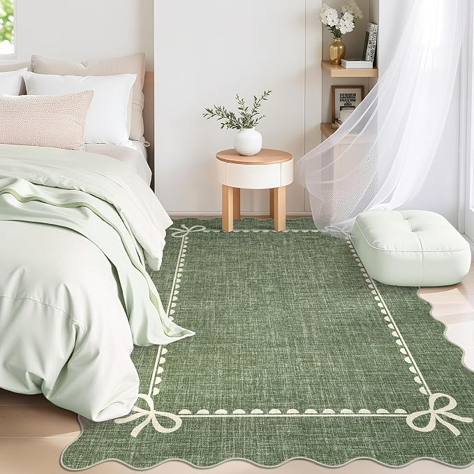 GarveeHome Scalloped Bow Rug for Living Room, Solid Green Rug for Dorm - Image 2