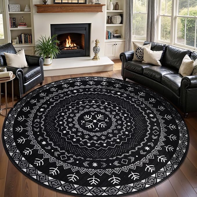SERISSA Round Area Rug, 8ft Washable Non-Slip Black and White Boho Circle Rug by SERISSAHomeDecorCollection