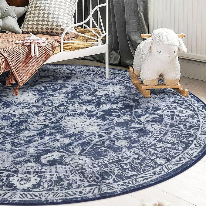 KILOCOCO Area Rug 5ft Round Living Room Rug Washable Printed Vintage Floral - Image 2