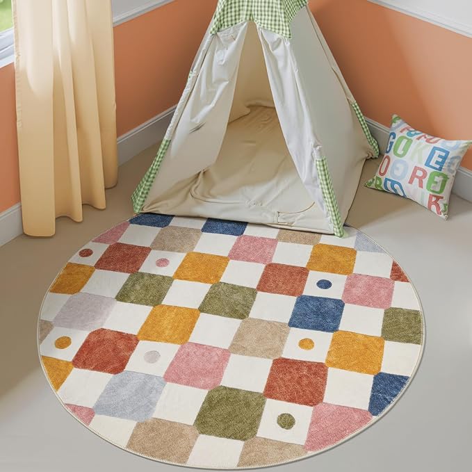 jinchan Macy 5ft Round Rug for Kids Room Modern Colorful Checkered Diamond - Image 3