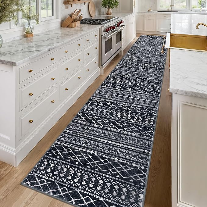 KUTA Long Hallway Runner Rug 2.6x16 Non-Slip Washable, Moroccan Vintage Black - Image 2