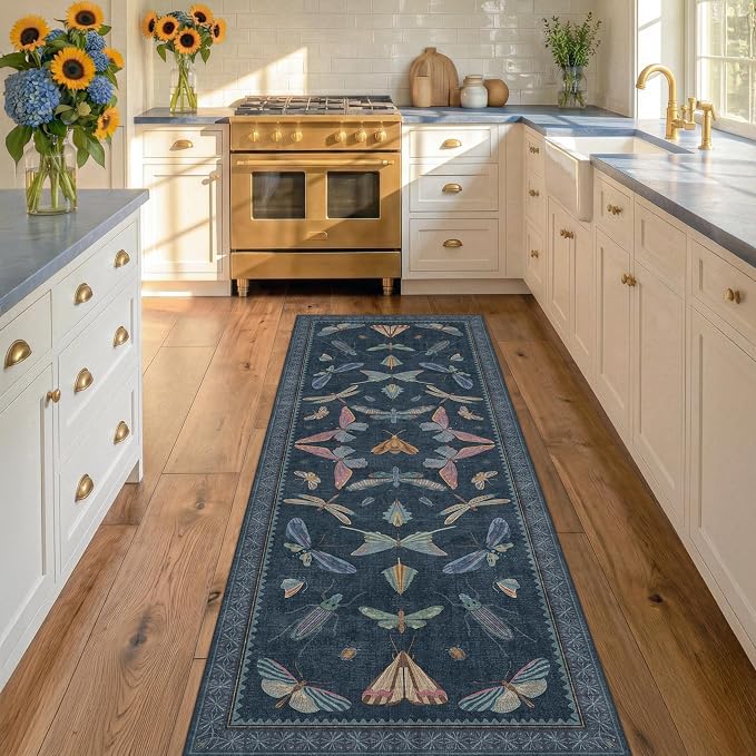 2x7 Navy Blue Bathroom Runner Rug, Washable Vintage Insect Carpet - Image 3
