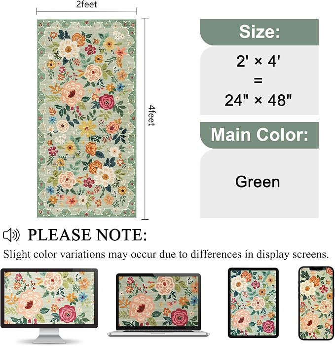 DUKINO 2x4 Rug for Entryway, Washable Kitchen Floral Runner Rug - Image 2