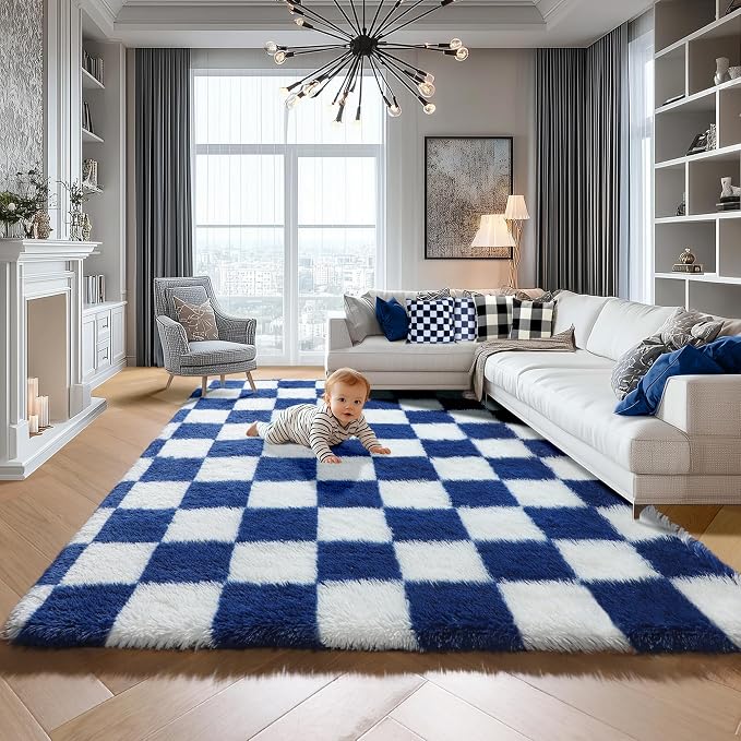 KICMOR Large Area Rug for Living Room 6x9, Big Fluffy Shag Fuzzy Navy Blue and by KICMOR