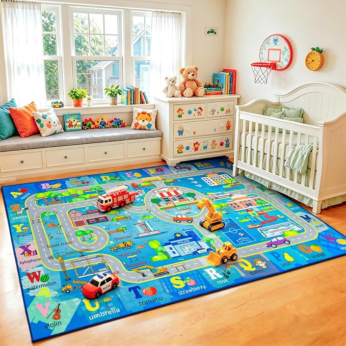 Chicrug 7x10 Car Road Area Rug for Kids Playroom Bedroom, Non Slip Low Pile - Image 4
