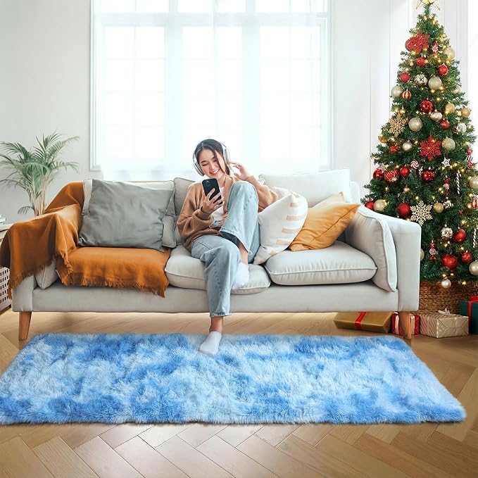 ONASAR Runner Rugs for Bedroom Living Room, Fluffy Tie-Dyed Blue 2x6 Bedside - Image 8