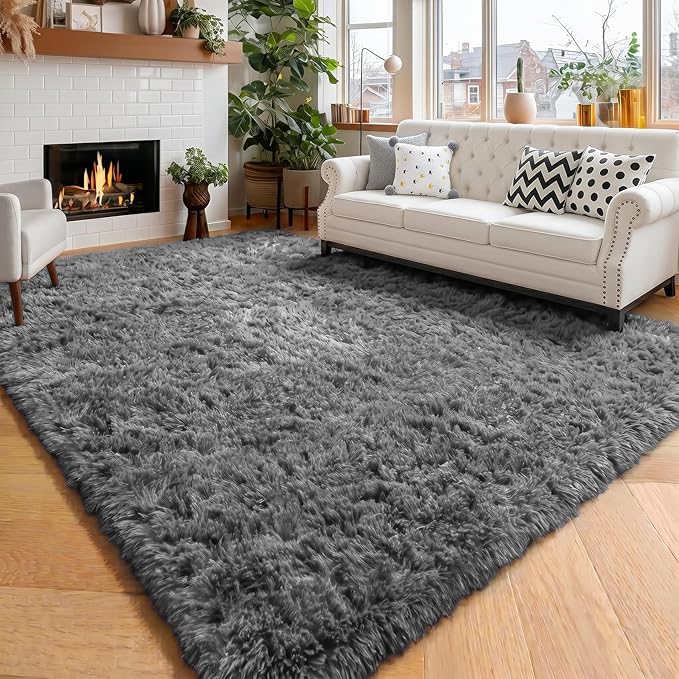 Amdrebio Grey Modern Fluffy Living Room Rugs, 5x8 Rug, Furry Area Rug by Amdrebio