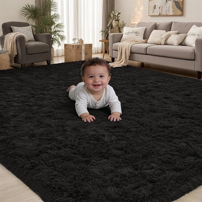 Area Rug for Living Room Bedroom: 5x7 Black Soft Fluffy Shag Upgrade Non-Slip by PLHXFRSoftAreaRugs