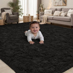 Area Rug for Living Room Bedroom: 5x7 Black Soft Fluffy Shag Upgrade Non-Slip by PLHXFRSoftAreaRugs