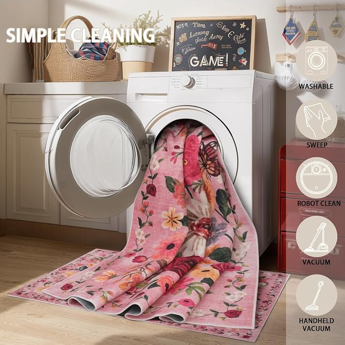 Floral Washable 6x9 Area Rug Pink, Soft Bedroom Rug - Image 5