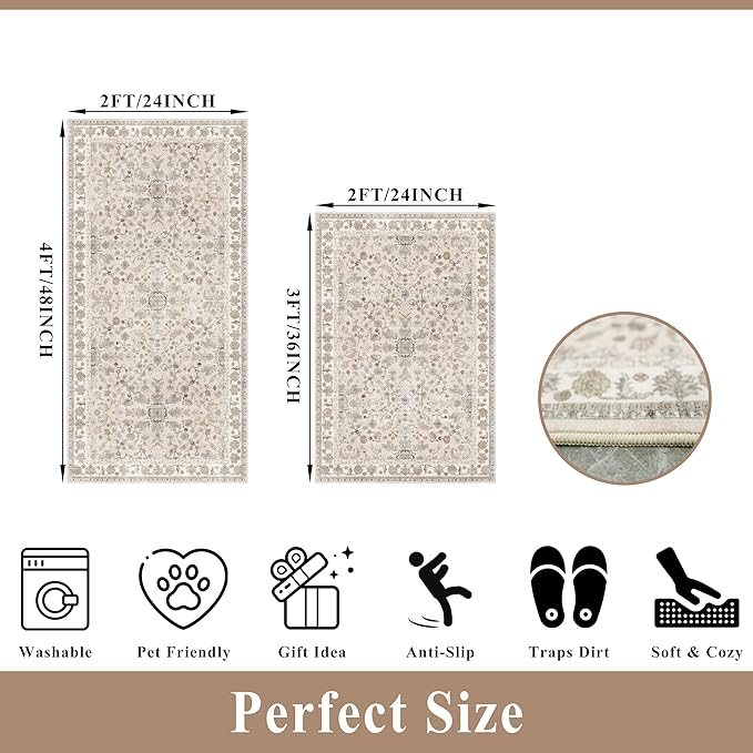 Kitchen Rugs Non-Slip Washable 2 Piece, Modern Boho Low Pile Stain-Resistant - Image 2