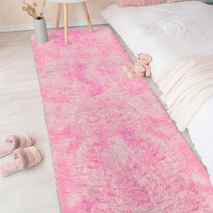 2x8 Pink Fuzzy Rug Runner for Bedroom Girls by TENNOLA