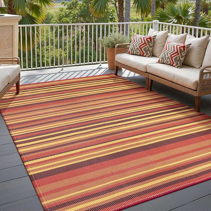 Outdoor Plastic Straw Rug Waterproof Patio 6x9 Red Orange Stripe Mat by WondRg