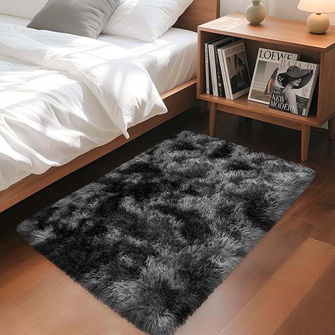 2x3 ft Shaggy Small Black Rug, Tie Dye Soft Fluffy Carpet Bedside Fuzzy Area by TENNOLA