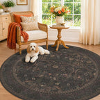 7ft Round Rug for Living Room, Moody Farmhouse Floral Circle Area Rug, Washable by Evyhood