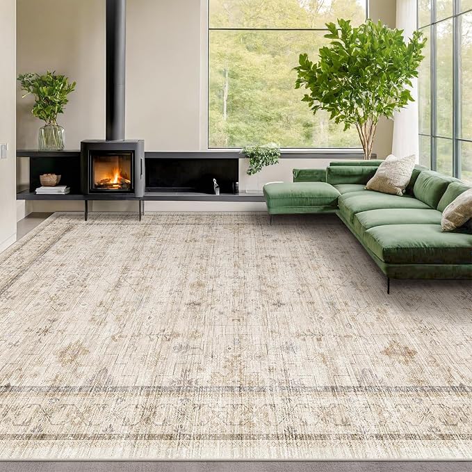 Washable Floral 10x14 Big Living Room Rug, Stain Resistant Foldable Area Rug by HazoHaus