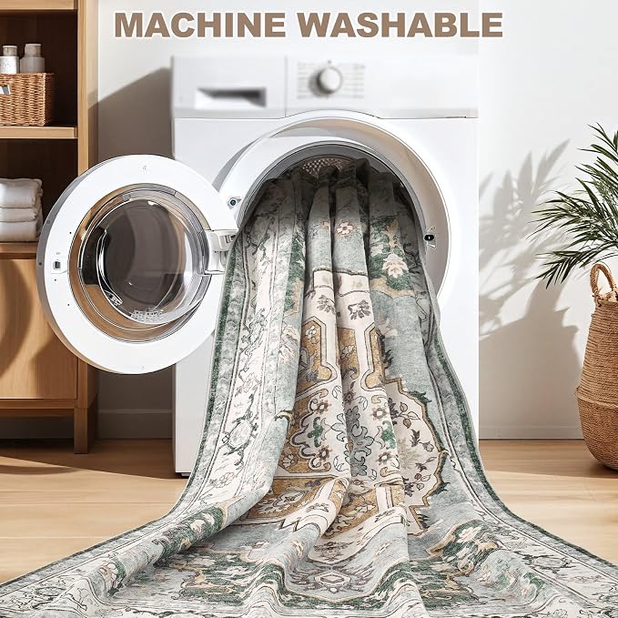 9x12 Washable Area Rug: Vintage Neutral Soft Non Slip Thin Large Floor Carpet - Image 5