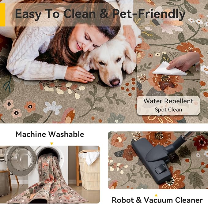 RELEANY Floral 9x12 Area Rugs Washable Print Boho Cute Carpet Non Slip Flower - Image 4