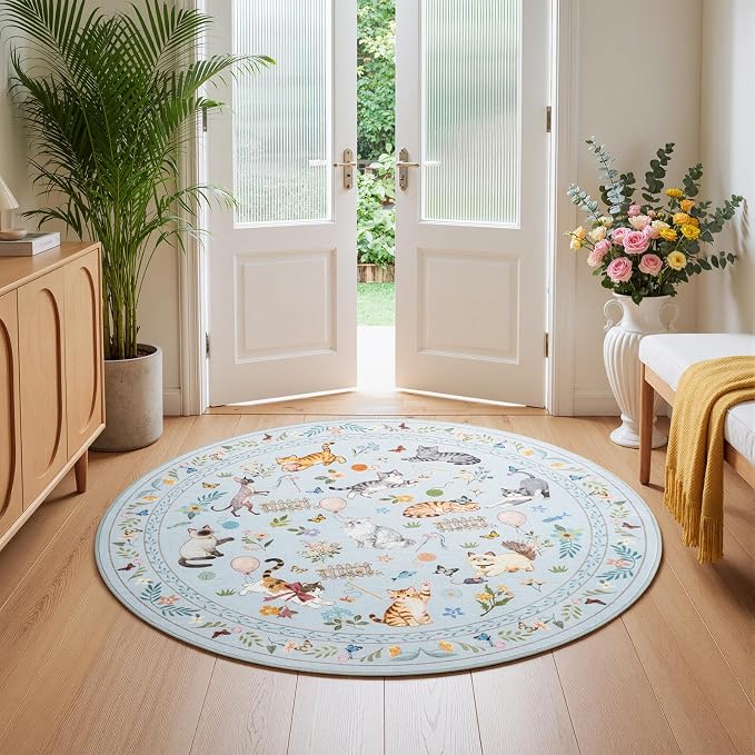 Unirea 4x4 Light Blue Grey Cat Round Area Rugs, Washable Soft Non Slip Circle - Image 2