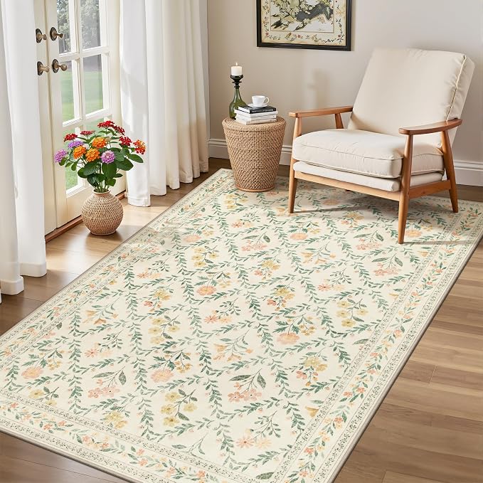 Area Rug Living Room Rugs: Floral 3x5 Washable Rug Vintage Soft Boho Non-Slip - Image 4