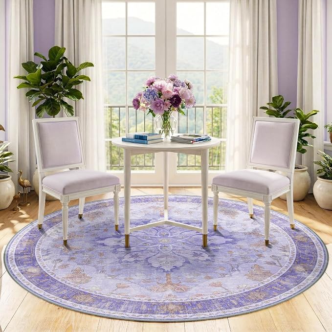 RELEANY Area Rugs Round 5ft Washable Non-Slip, Floral Vintage Distress - Image 2