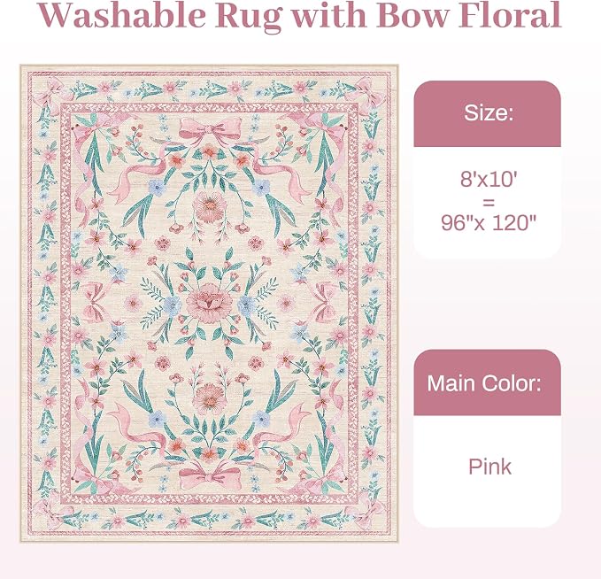 Pink Floral Bow Rug 8x10 for Living Room, Washable Non Slip Area Rug, Soft Boho - Image 9