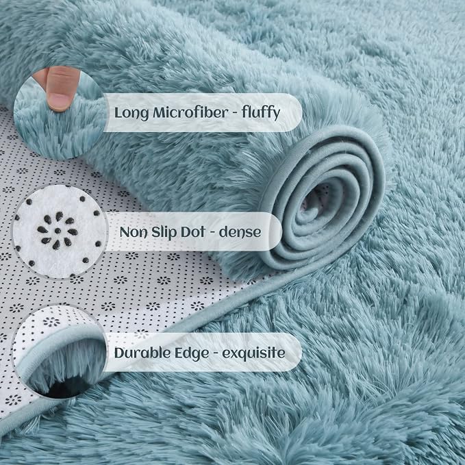 YJ.GWL Fluffy Runner Rugs for Bedroom Living Room Soft Shag Teal Rug 2x6 Feet - Image 4