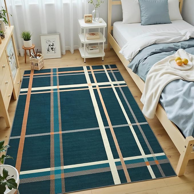 Terrug Plaid Area Rug for Bedroom, Soft Low Pile Stain Resistance Abstract by TerrugHomeDecor