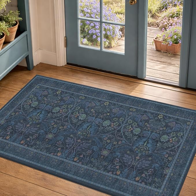 Washable 2x4 Entryway Rugs, Oriental Floral Small Blue Kitchen Rugs, Thin by Evyhood