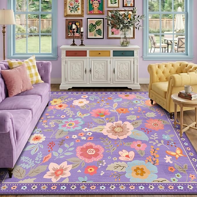 RELEANY Floral Square 8ft Area Rugs Washable Print Boho Cute Carpet Non Slip by RELEANY