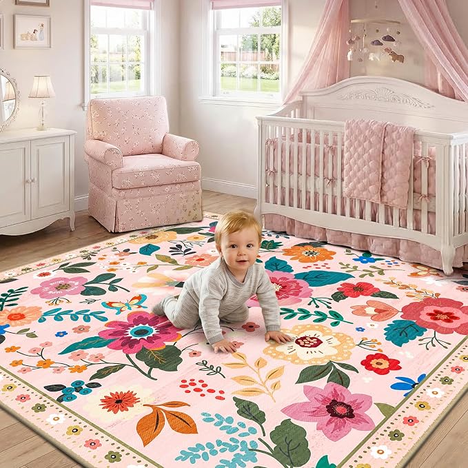 RELEANY Floral Square 4ft Area Rugs Washable Print Boho Cute Carpet Non Slip - Image 8