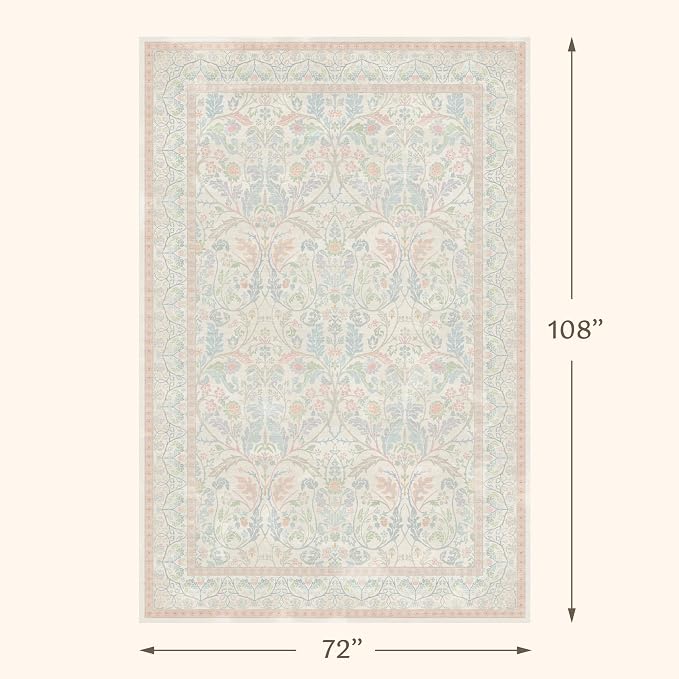 Light Pink 6x9 Girl Bedroom Rug Low Pile & Soft, Botanical Floral Washable - Image 2