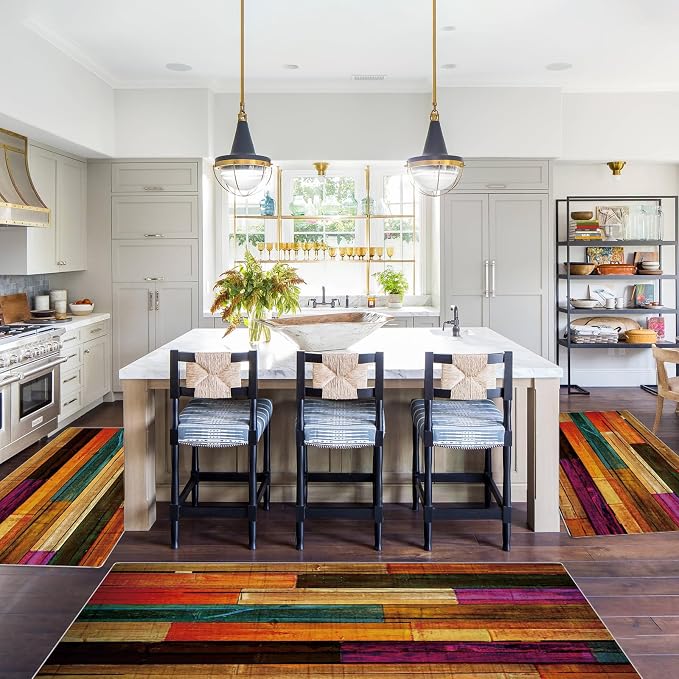 Sofort Kitchen Rugs Sets of 3, Colorful Wooden Abstract Kitchen Mats - Image 3