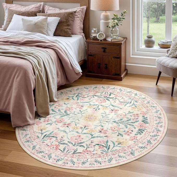 Wonnitar Pink Floral Round Rugs 5ft, Soft Circle Rug Non Slip Washable Round by Wonnitar