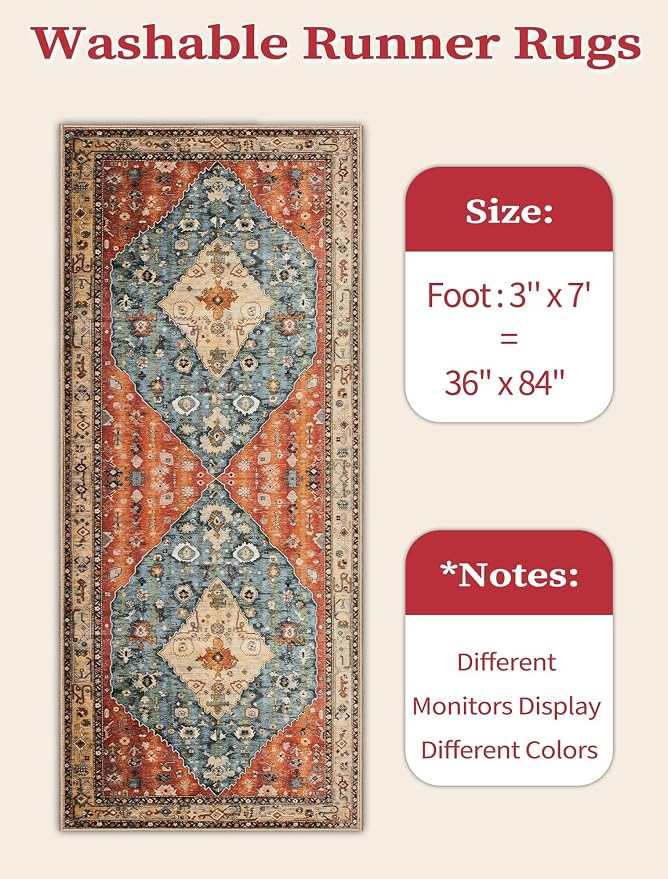 SERISSA Boho Kitchen Runner Rug, 3x7 Washable Non-Slip Runner Rug - Image 2