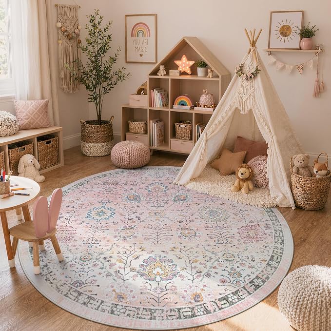 Lahome Girls Bedroom Pink Round Rug 6ft, Soft Washable Floral Circle Rug - Image 7