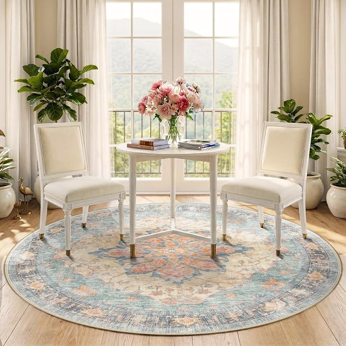 RELEANY Area Rugs Round 5ft Washable Non-Slip, Floral Vintage Distress - Image 2