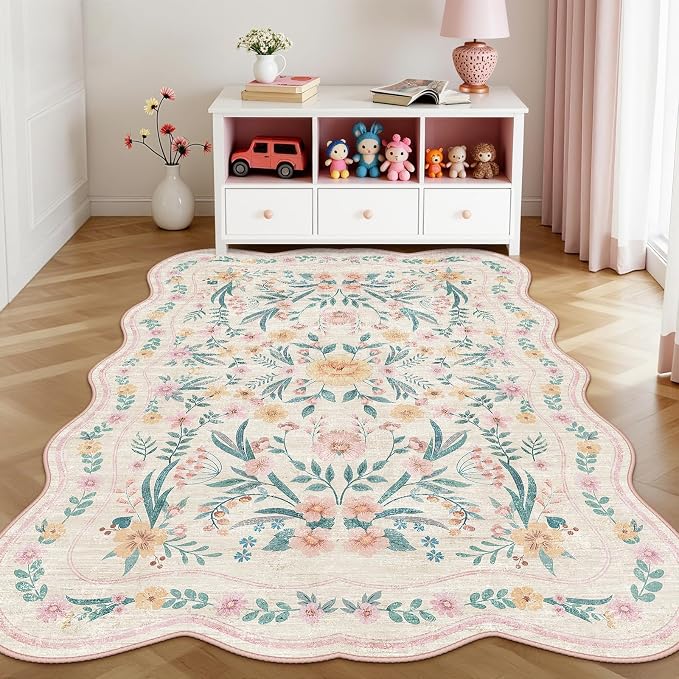 Pink Floral Rug 5X7 for Girls Bedroom or Nursery, Scalloped Washable Non-Slip - Image 2