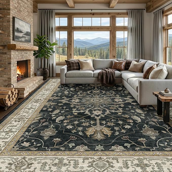RELEANY Area Rugs Large 9'x12' Washable Non-Slip, Floral Vintage Distress by RELEANY
