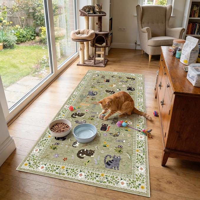 Washable 3x6 Kitchen Runner Rug: Non Slip Soft Low Pile Animal Cat Print Carpet by Puino