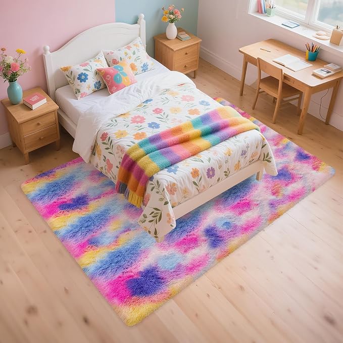 Rainbow Area Rugs 5x8 ft, Tie-Dyed Unicorn Fluffy Fuzzy Shaggy Carpet Soft - Image 4