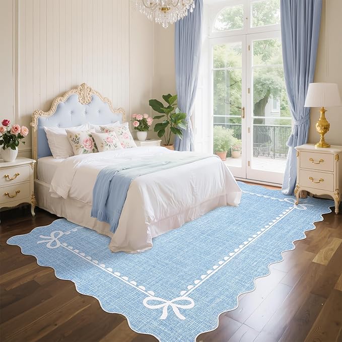 GarveeHome Scalloped Bow Rug for Living Room, Solid Blue Rug for Dorm, Washable - Image 3