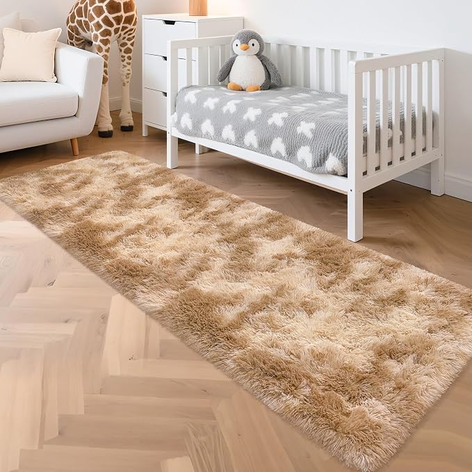 2x8 ft Plush High Pile Khaki Tie Dyed Rug Fluffy Soft Runner Bedside Rug - Image 9