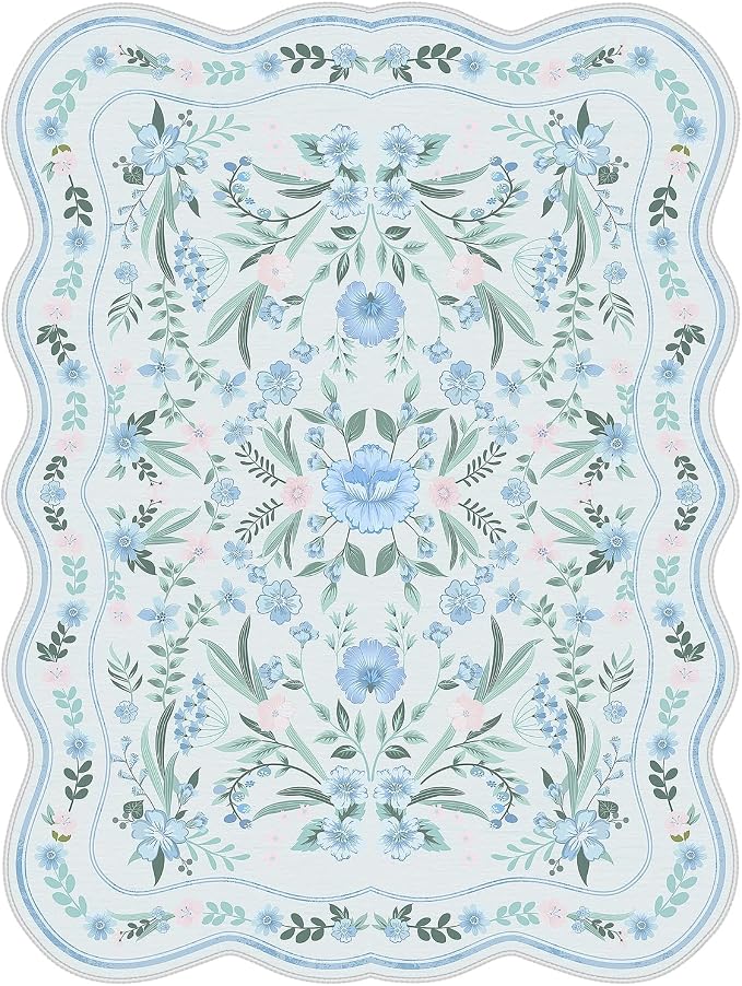 Blue Floral Area Rug 5x7, Washable Scalloped Boho Carpet - Image 7