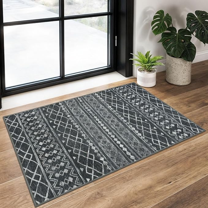 KUTA Washable Non-Slip Rugs for Entryway 2x3, Dark Grey Beige Moroccan Boho by KUTA