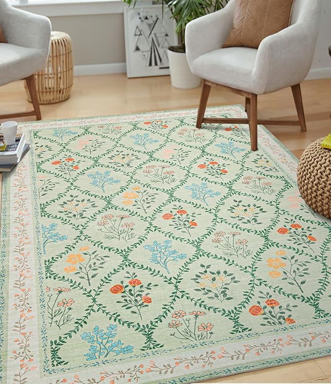 YIHOUSE Green Floral Print Rugs, Moroccan Trellis 10x14 Washable Large Rug - Image 2