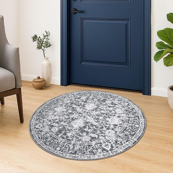 KILOCOCO Round Rug 3ft Vintage Floral Small Circle Rug Machine Washable by Kilococo
