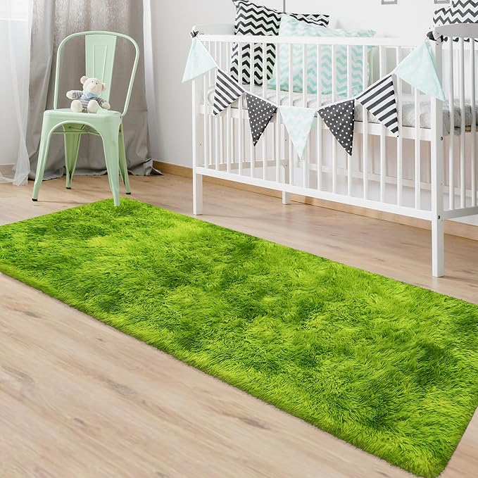 Grass Green Tie-Dyed Rug 2x6 ft Plush High Pile Shag Carpet Fluffy Soft Runner - Image 3
