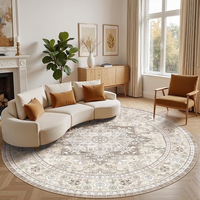8ft Round Area Rug: Washable Vintage Neutral Soft Non Slip Thin Large Floor by MICGEEK